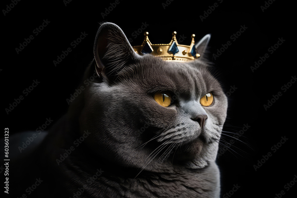 Fototapeta premium Beautiful British Shorthair Cat In Gold Crown On Matte Black Background. Generative AI