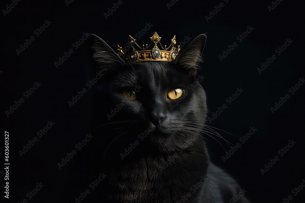Fototapeta premium Beautiful Cat In Gold Crown On Matte Black Background. Generative AI