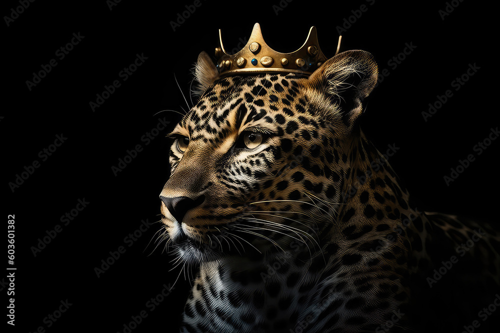 Naklejka premium Beautiful Leopard In Gold Crown On Matte Black Background. Generative AI