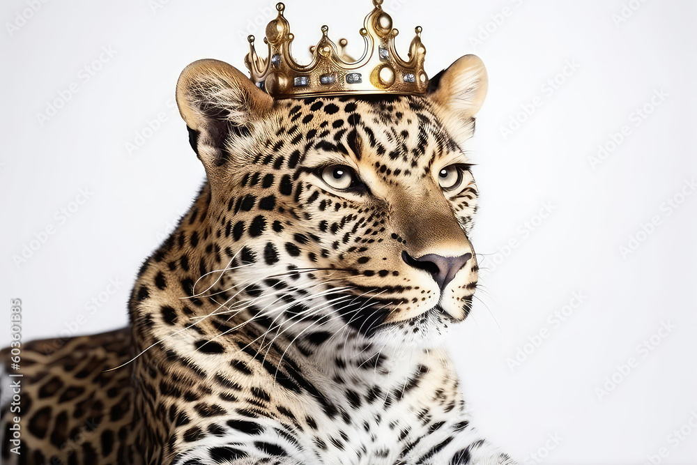 Fototapeta premium Beautiful Leopard In Gold Crown On White Background. Generative AI