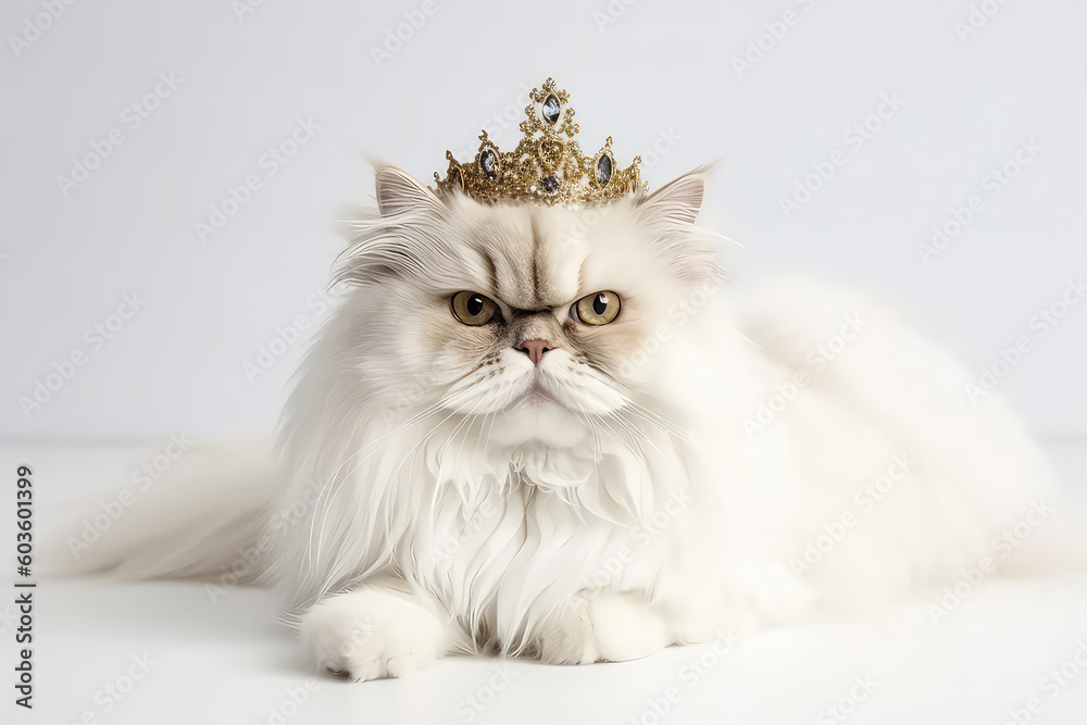 Beautiful Persian Cat In Gold Crown On White Background. Generative AI