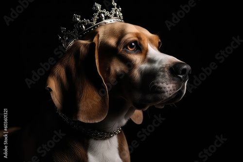 Beautiful Beagle Dog In Gold Crown On Matte Black Background. Generative AI