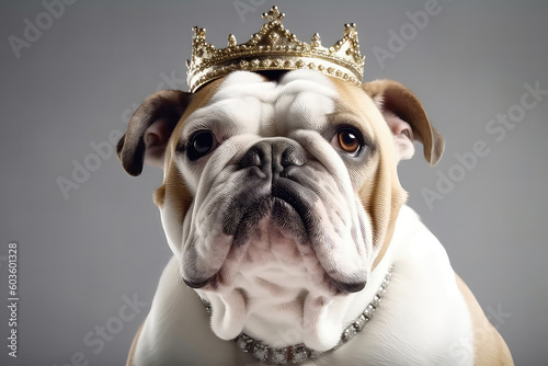 Beautiful Bulldog Dog In Gold Crown On White Background. Generative AI © Anastasiia