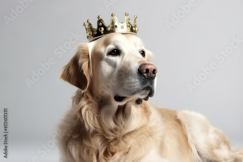Beautiful Golden Retriever Dog In Gold Crown On White Background. Generative AI