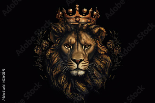 Beautiful Lion In Gold Crown On Matte Black Background. Generative AI © Anastasiia