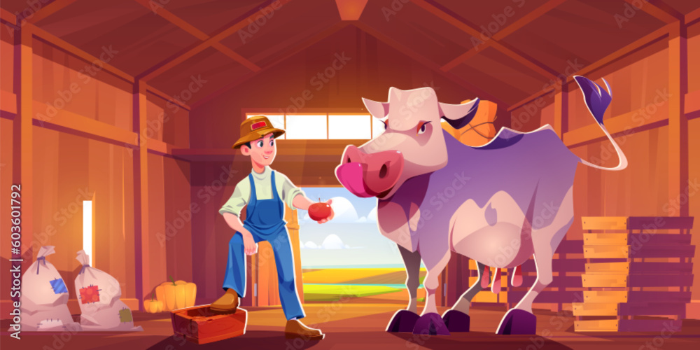 Man farmer with cow in barn cartoon vector illustration. Farm village ...