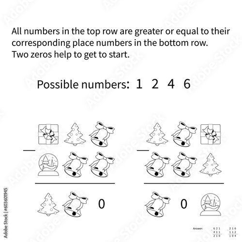 Find a value of each Christmas symbols in mathematics logic equal for children. Arithmetic and numbers black and white.