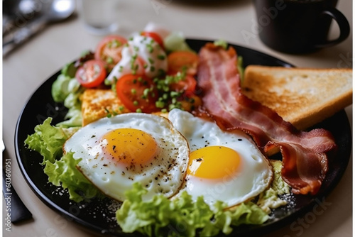 Fried egg with toast, bacon, salad with tomatos, spinach and sesame seeds, created with Generative AI Technology
