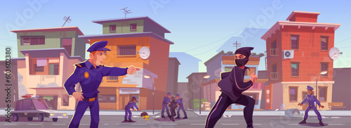 Police on poor ghetto street catching thief cartoon vector background. Policeman in dirty slum india neighborhood area. Ruined and destruction criminal town alley exterior game illustration.