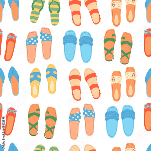 Seamless pattern of colorful hand drawn summer shoes in flat vector style. Print design for children apparel, textile, wallpaper, packaging