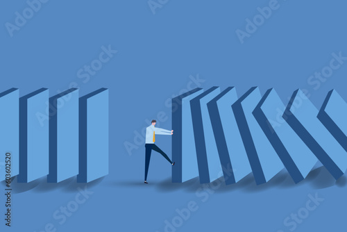 Businessman stop deal domino concept.Symbol of crisis, risk, management, leadership and determination.vector illustration.