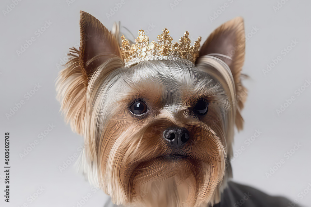 Beautiful Yorkshire Terrier Dog In Gold Crown On White Background. Generative AI