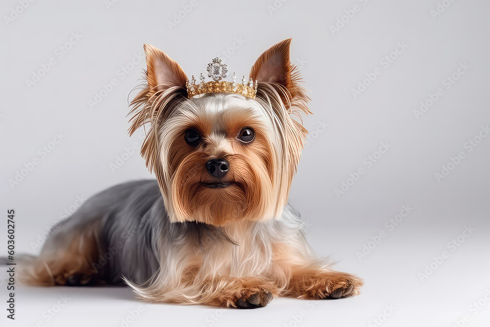 Beautiful Yorkshire Terrier Dog In Gold Crown On White Background. Generative AI Beautiful Yorkshire Terrier Dog In Gold Crown On White Background. Generative AI