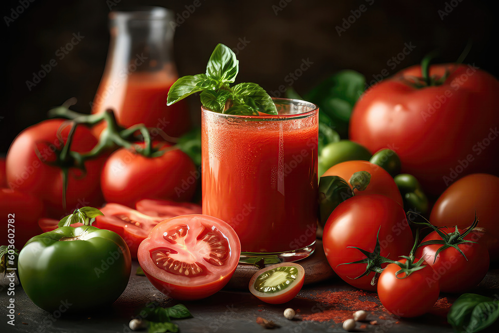 Closeup Of Sliced Tomato Surrounded By Tomato Smoothie Ingredients. Generative AI Closeup Of Sliced Tomato Surrounded By Tomato Smoothie Ingredients. Generative AI