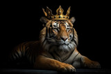 Beautiful Tiger In Gold Crown On Matte Black Background. Generative AI