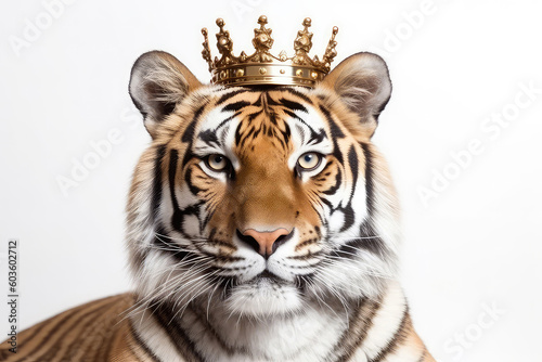 Beautiful Tiger In Gold Crown On White Background. Generative AI photo