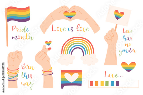 LGBT lettering set. Vector illustration. Flat style. Collection of LGBT elements. Pride month.