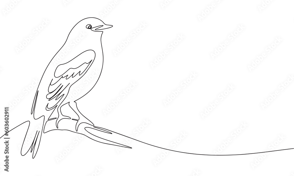 Fototapeta premium Sitting bird continuous line drawing element isolated on white background for decorative element. Vector illustration of animal form in trendy outline style.