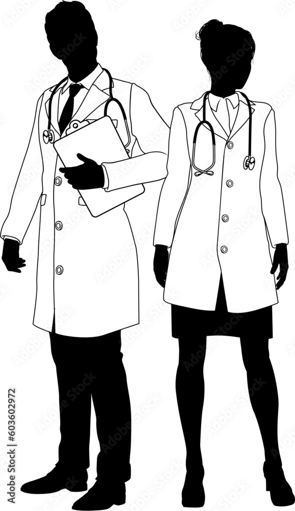 Male man and female woman doctors in silhouette outline Male man and female woman doctors in silhouette outline