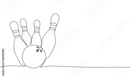 Bowling pins and ball continuous line drawing element isolated on white background for decorative element. Vector illustration of bowling sport in trendy outline style.
