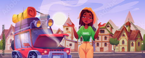 Old city street road with broken car and disappointed woman cartoon illustration. Vehicle breakdown with smoke from motor in hood on european village cityscape scene. Female black character needs help