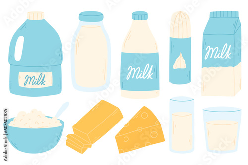 Set of dairy products in a flat style. Vector illustration. Hand drawn collection of milk.