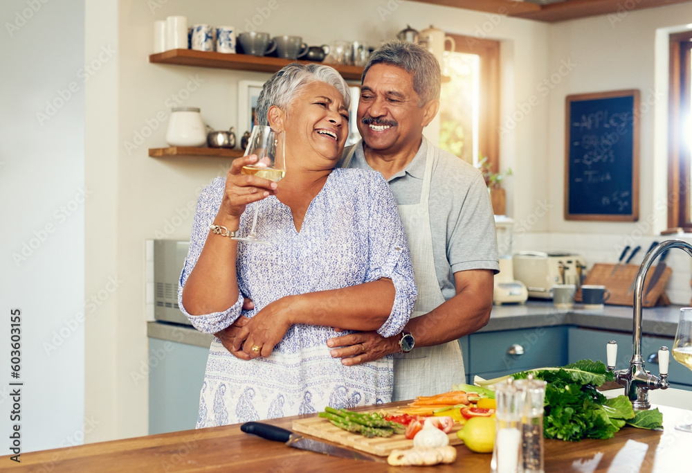Love, hug old couple in kitchen with wine, happiness and cooking healthy vegetable dinner together. Smile, embrace and food, senior man and happy woman in retirement with drink, vegetables and health Love, hug old couple in kitchen with wine, happiness and cooking healthy vegetable dinner together. Smile, embrace and food, senior man and happy woman in retirement with drink, vegetables and health
