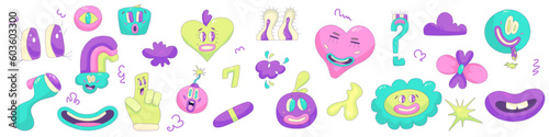 Psychedelic Character Funny set Face smile. Craetive comic trippy character cartoon graphic. Comic funny emotions. Vector illustration
