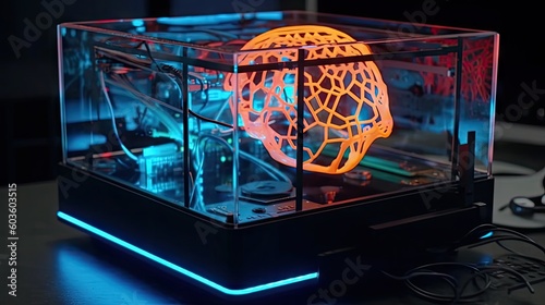 Three dimensional printing machine,3D glass cube making pink neon color brain. Blue lights, future technologies. AI generative © virginna