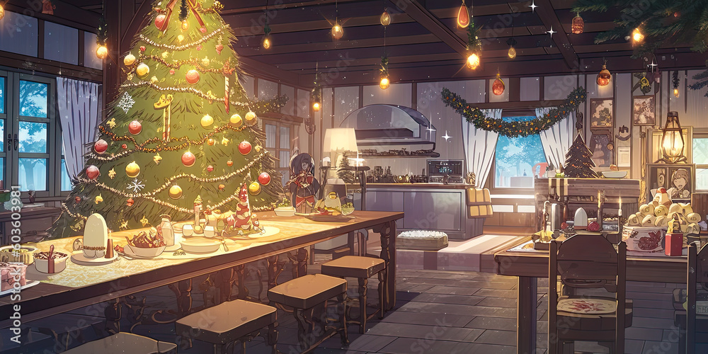anime cartoon style Christmas tree background scene, generated ai, generated, ai