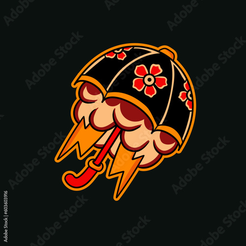 Hand drawn illustration of umbrella traditional tattoo