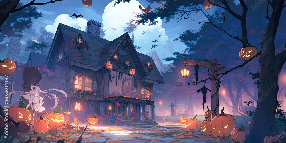 Haunted house halloween background banner scary spooky lanterns