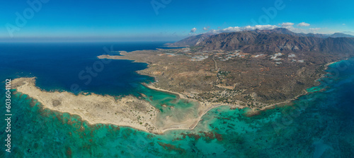 Aerial panorama of Elafonissi beach at the island of Crete, Greece.