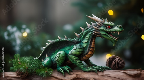 Green wood dragon with Xmas tree on the background. Symbol of the 2024. Banner with copy space. Generated AI