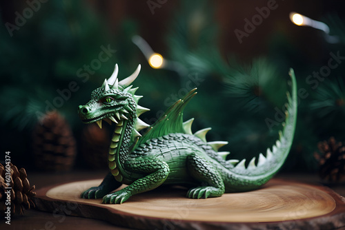 Green wood dragon on the wood table with Xmas tree on the background. Generated AI