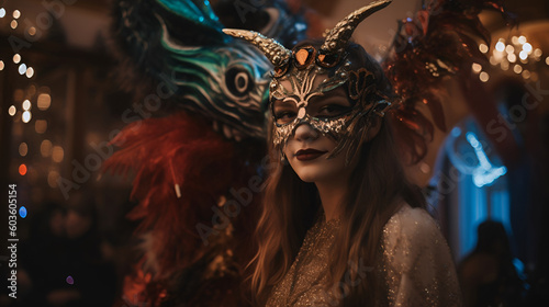 Young  woman in dragon shaped mask. Dragon themed party
