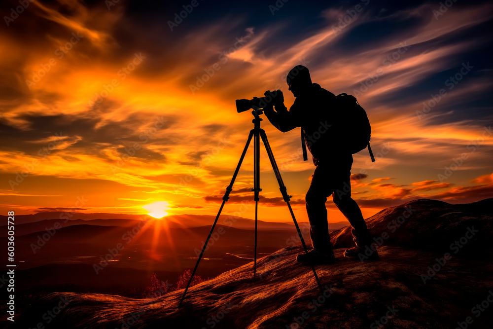 Landscape photographer with the tripod on top of mountain at sunset background.AI generated