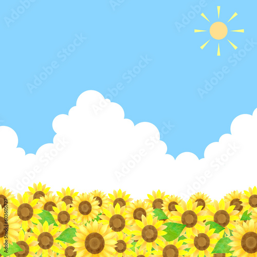 たくさんのひまわりと青い空と太陽と白い雲の夏っぽいイラスト
