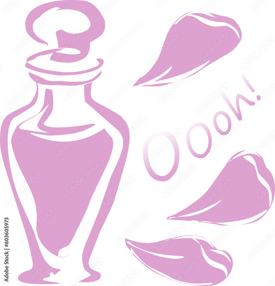 Romantic drawing of perfume bottles and flower petals on dark background.