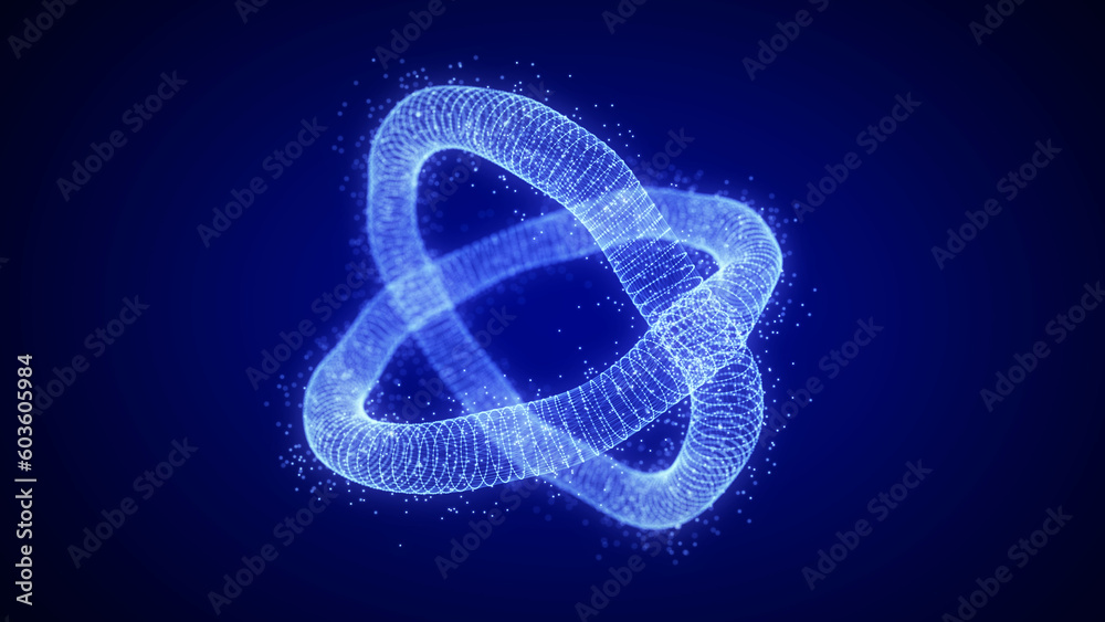 Abstract dynamic double wireframe wavy torus on a blue background. The flow of scientific data. Futuristic digital technology. 3D rendering. Abstract dynamic double wireframe wavy torus on a blue background. The flow of scientific data. Futuristic digital technology. 3D rendering.