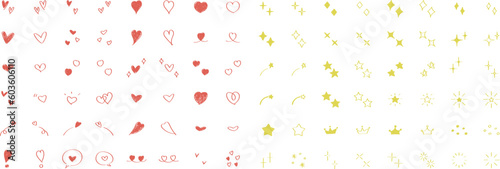 かわいい手書きの星・キラキラ・ハートのセット　ベクター　アイコン　Set of cute hand drawn stars and hearts