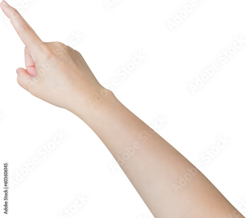 female hand touching or pointing to something isolated on white background