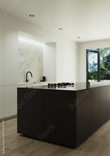 Design 3d visualization of the interior is made in a strict minimalistic style. Large dark kitchen island with large panoramic window and minimalist kitchen cabinets using wood and marble materials. © sanchopancho