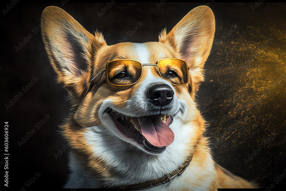 Obraz premium Happy dog with sunglasses. Portrait of smiling dog wearing sunglasses. Happy pet concept. Generative AI