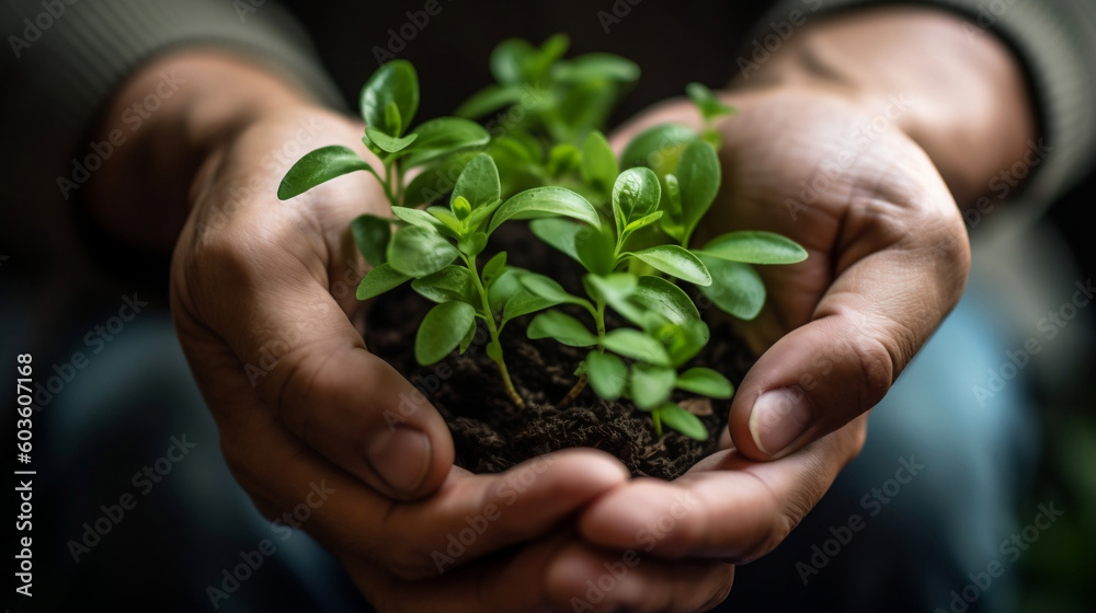  close-up shot of business hands holding and nurturing green plants together, symbolizing the commitment of a green business company to environmental sustainability, corporate social responsibility