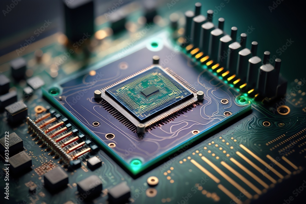 Electronic circuit board close up. Microchip in macro. Futuristic circuit concept. Generative AI. Electronic circuit board close up. Microchip in macro. Futuristic circuit concept. Generative AI.
