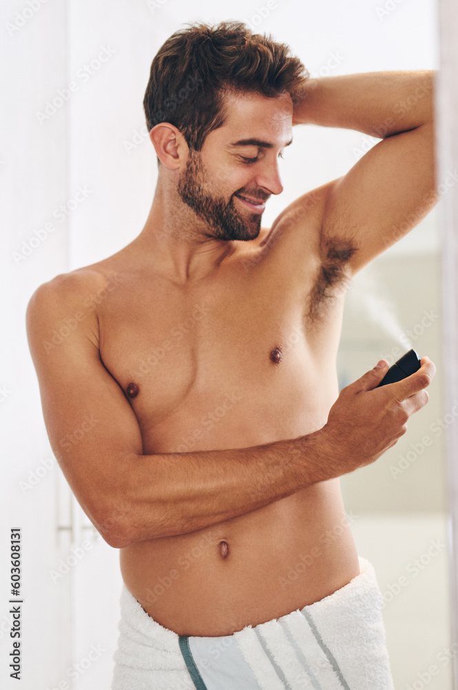 Deodorant, body spray and man in bathroom for hygiene, shower and perfume to control sweating. Happy shirtless guy cleaning armpit with fragrance cosmetics, mist and skincare product for male beauty Deodorant, body spray and man in bathroom for hygiene, shower and perfume to control sweating. Happy shirtless guy cleaning armpit with fragrance cosmetics, mist and skincare product for male beauty