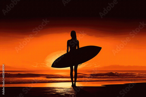 Surfer Silhouette With Surfboard On Beach. Generative AI