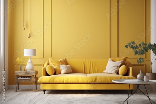 Cozy modern living room interior with yellow sofa and decoration room on a yellow or white wall background, generative AI
