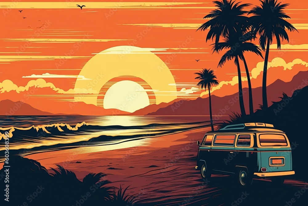 Sunset vintage retro style beach surf poster vector illustration